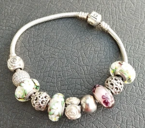 Original Pandora Armband Silber 10 Charms mit Muranoglas Linien Clip  21 cm lang - Bild 1 von 8