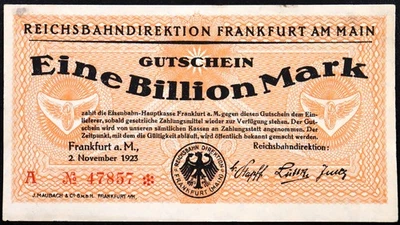FRANKFURT 1923 1 TRILLION MARK! P-S1226 Reichsbahn Railroad Inflation Notgeld - Image 1 of 2
