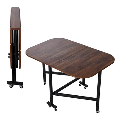 Arc-edged Drop Leaf Table with Wheels Folding Dining Table for Small Spaces - Image 1 of 4