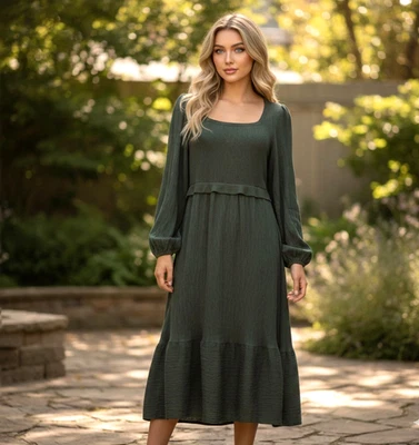 Vestido Midi Suéter Alva Born Nuevo con Etiquetas XL Verde Polvoriento Cuello Cuadrado Arrugado Boho Foto 1 de 4