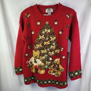 Vintage Diadem Weihnachtspullover bestickt Baumbären Gr. Small Damen/Mangel - Bild 1 von 13