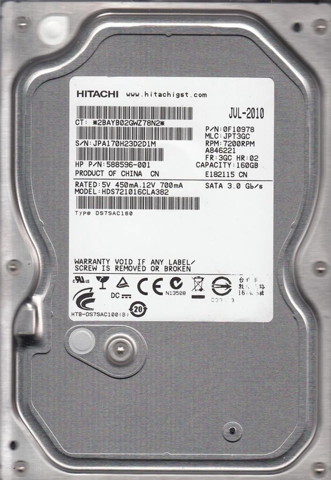 HDS721016CLA382 p/n: 0F10978 mlc: JPT3GC Hitachi 160Gb SATA A1-12 - Image 1 of 1