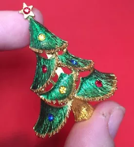Vintage Gold Christmas Tree Holiday Brooch Pin Rhinestone Red Green Estate Find - Picture 1 of 2