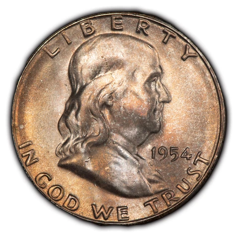 1954-S 50c Franklin Silver Half Dollar - PQ Mint Set Toning - Frosty BU - H2382 Cover