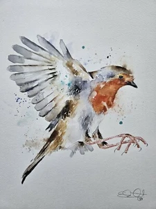 Neu großes original signiertes Aquarell Kunstgemälde von Elle Smith Robin Vogel - Bild 1 von 6