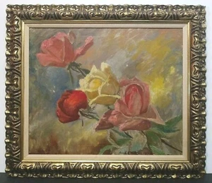 1950 LISTED AMERICAN ANNA E MELTZER Sd ORIGINAL O/C STILL LIFE ROSES in NATURE - Picture 1 of 10