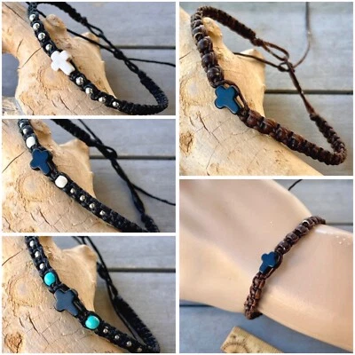 Armband Kreuz Turmalin Magnesit 1cmx0,9cm Perlen Baumwolle gewachst 26 cm Surfer - Bild 1 von 4