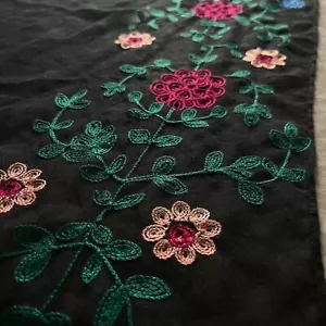 Floral Embroidered Scarf Sheer Black 70x20 Inch Boho Whimsigoth Cottagecore - Picture 1 of 5