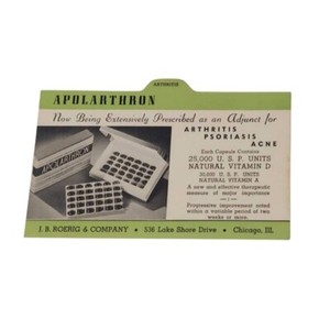 Apolarthron Advertising Index Card Medical Therapy J. B. Roerig Arthritis Vit. D