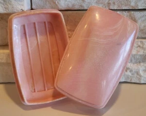 Vintage Mid Century Marbled Plastic Soap Dish 2 Pc. Set Dish & Lid Pink - Picture 1 of 4