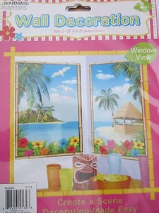 LARGE HAWAIIAN TROPICAL BEACH WINDOW SCENE WALL MURAL LUAU PARTY DECORATION SET - Picture 1 of 2