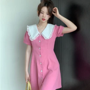 Damen Kleid Hohe Taille Schmal Kontrast Farbe Puppenkragen Kurzarm Kurzer Rock - Bild 1 von 14