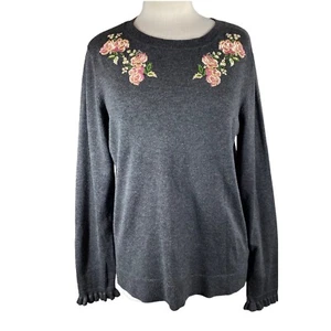 Suéter Cable & Gauge para mujer L Gris Floral Bordado Cuello Redondo - Imagen 1 de 12