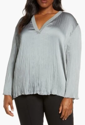 Vince Plus 3X Womens Blouse Slate Rib V Neck Crushed Satin Long Sleeve $325 - Image 1 of 4