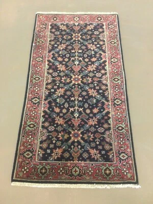 2’ X 4’ Navy Blue Rose Traditional All-Over Small Oriental Area Rug Wool Hallway - Image 1 of 4