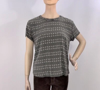 Steven Alan Gray Contrast Square Print Crew Ruffled Neckline Short Sleeve Top M - Image 1 of 4