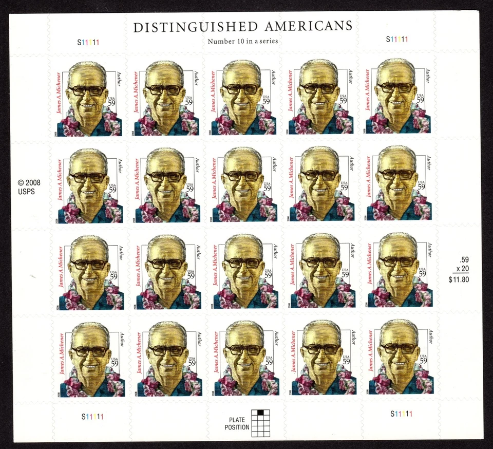 Scott #3427A James Michener Sheet of 20 Stamps - MNH - Image 1 of 1