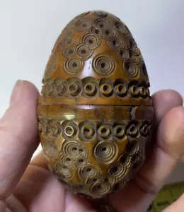 Antique 19C Hand Carved Coquilla Nut Egg Shaped Box Needle Thimble Trinket Case - Picture 1 of 13
