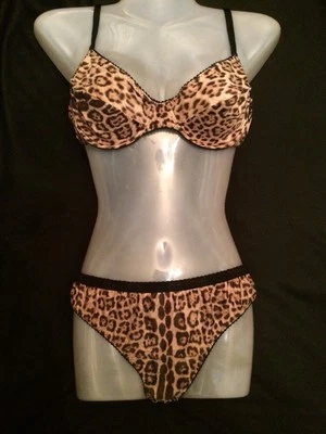 Icónico! ROBERTO CAVALLI Conjunto Sujetador Borde Negro Estampado Animal Marrón Tostado Talla IT 48 NUEVO Foto 1 de 4