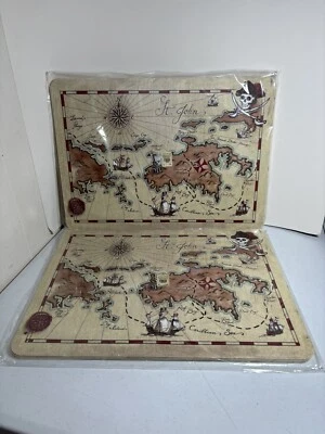 Pottery Barn Kids 2 Sets Of 4 Explorer Pirates Caribbean Treasure Map Placemats - Image 1 of 4