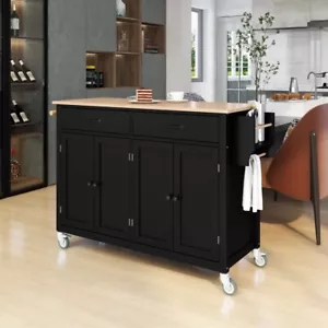 54.3'' Kitchen Island Cart with Solid Wood Top, Cabinet & 2 Drawers, Spice Rack - Picture 1 of 22