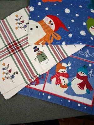 St. Nicholas Square Placemats Set of 6 Assorted Snowmen Winter Holidays Blue - Image 1 of 4