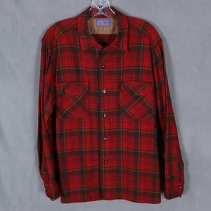 Vintage Pendleton Board Shirt Mens Large Red Plaid 60s Loop Collar Wool Shacket - Picture 1 of 12