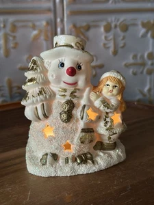 Vintage Glitter And Gold Ceramic Snowman And Little Girl Votive Candle Holder - Picture 1 of 12