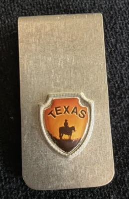 Clip de dinero de colección de metal tono plateado TEXAS USADO EN EXCELENTE ESTADO vaquero al atardecer Foto 1 de 2