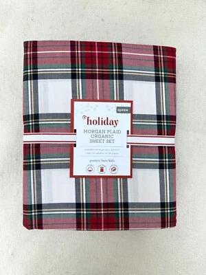 Pottery barn Kids Holiday Morgan PLAID ORGANIC Queen Sheet Set red Christmas - Image 1 of 3