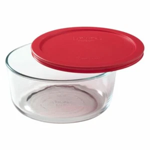 Pyrex 7203 7-Cup Round Glass Food Storage Bowl w/ 7402-PC Red Plastic Lid Cover - Picture 1 of 4