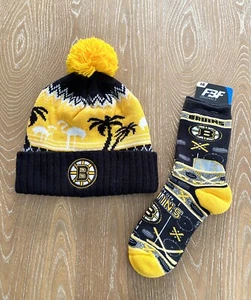 Adidas Boston Bruins Beanie Hat Pom Pom with FBF Originals Winter Socks size LG - Picture 1 of 9