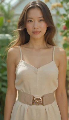 Women Beige Elastic Timeless Stylish Belt Hip Waist Gold Metal Flower Buckle S M - Image 1 of 4