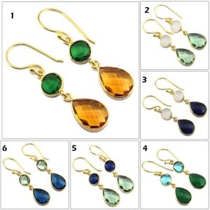 Pear Round Multi-Color Hydro Quartz Chalcedony Gold Plated Handmade Earrings