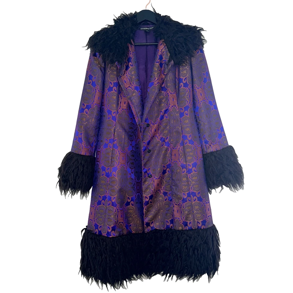 90s vtg VIVIENNE TAM Purple Gold IRIDESCENT Brocade Rave Penny Lane Fur Coat Y2K - Image 1 of 4