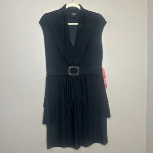 JSP Black Ruffled Dress Womans Size 14 Deep Plunge Metal Belted Knee Length LBD - Picture 1 of 9