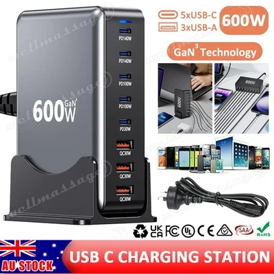 600W GaN 8 Port 140W/100W/30W USB A /Type C Fast Charging Charger Dock Station - image 1 of 4