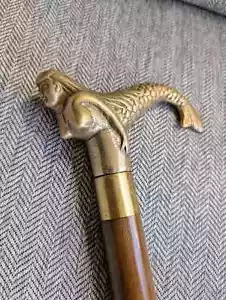 Vintage Wooden Walking Antique Walking Cane Stick Mermaid Handle Stick Gift - Picture 1 of 3