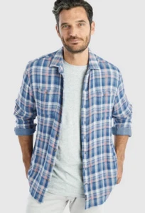 NEW Johnnie-O Jason Surf Flannel Button Down Mens Size Medium Indigo $138 - Picture 1 of 4