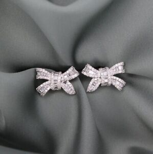 2.50 Ct Baguette Lab Created Diamond Ribbon Bow Earrings 14K White Gold Plated
