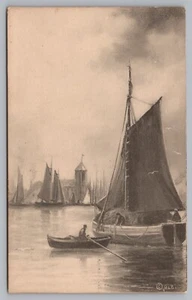 Postcard Gaff Cutter Sailboat Anchored in Harbor Row Boat Dinghy Unposted - Picture 1 of 2