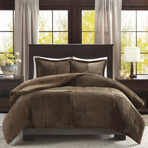 BEAUTIFUL ULTRA SOFT PLUSH LUXURY CORDUROY FAUX FUR MODERN STRIPE COMFORTER SET - Picture 1 of 3