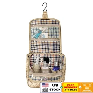 Gold Toiletry Organizer Bag Satin Travel Storage Hanging Loop Zipper Pockets New - Picture 1 of 4