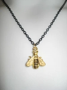 Tiny 3/4" Golden Honey Bee Pendant 20" Long Black Chain Lobster Clasp Necklace - Picture 1 of 6