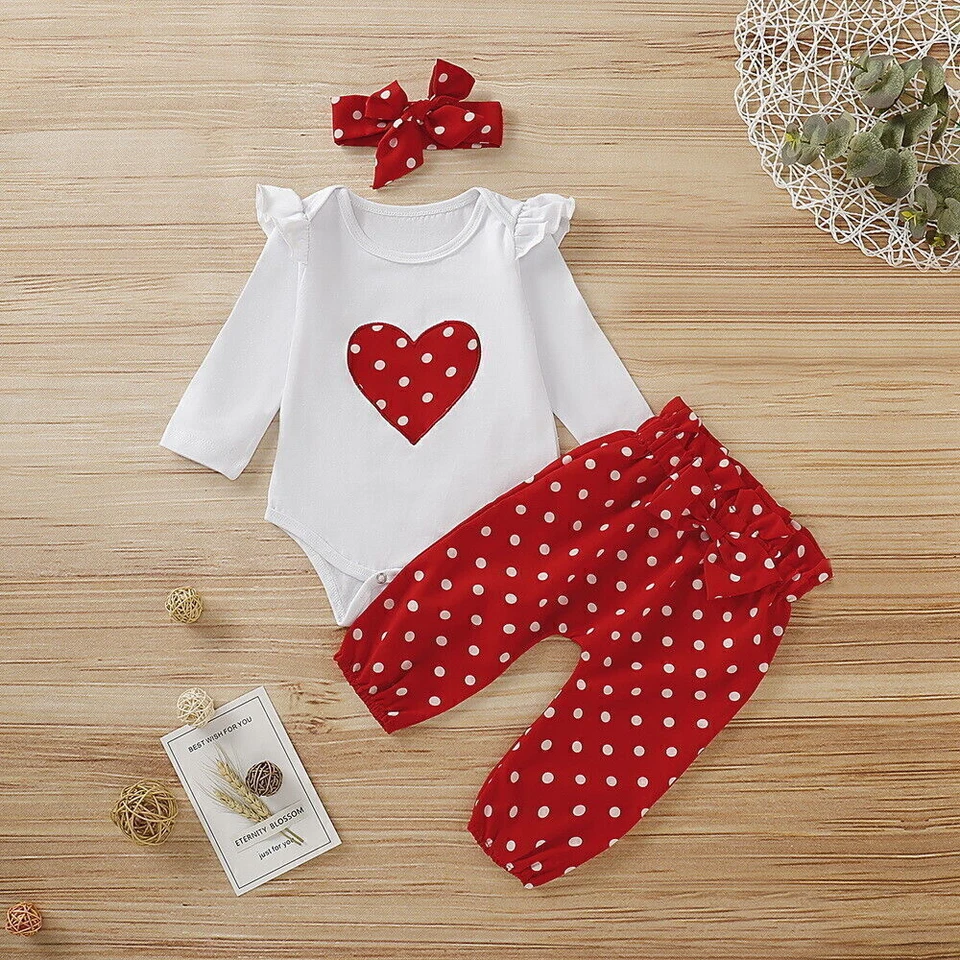 3PCS Newborn Baby Girl Polka Dot Romper Bodysuit Pants Headband Clothes Outfits - Image 1 of 4