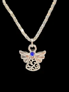 Silver Tone Metal Angel Pendant Fashion Necklace Blue Glass Stone 19" - Picture 1 of 11