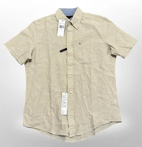 Tommy Hilfiger Shirt Mens Small Beige Short Sleeve Linen Cotton Button Up Casual - Picture 1 of 6
