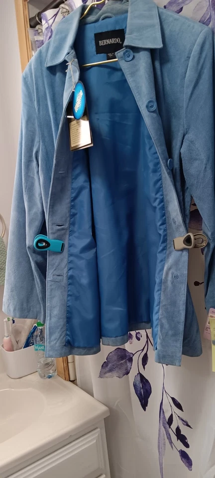 Chaqueta de gamuza de cuero genuino azul Bernardo vintage para mujer cierre de botones talla Lg Foto 1 de 1