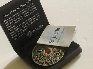 vintage St. Justin Pewter Celtic Wheel Brooch/Pin w/Center Stone - Picture 1 of 6