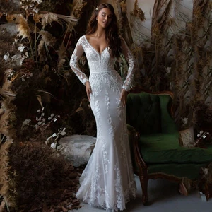 Lace Mermaid Wedding Dress Sexy V Neck Long Sleeves Appliques Sweep Train Bridal - Picture 1 of 8
